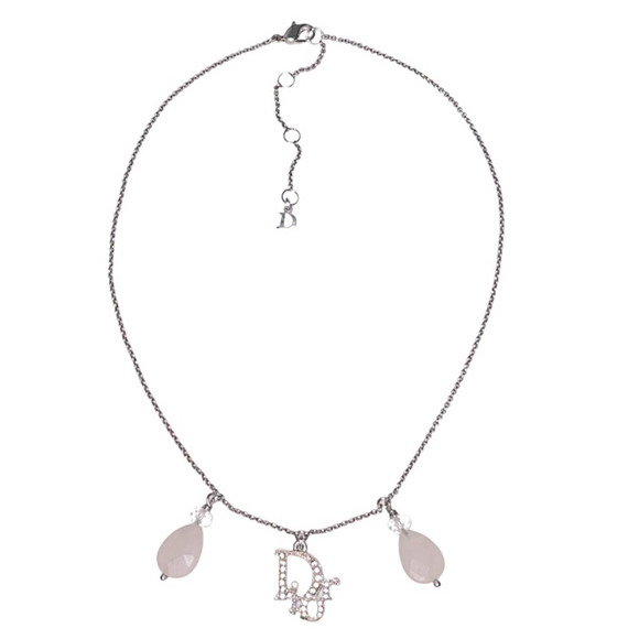 VTG Christian Dior Silver Chain Rhinestone Logo Pendant Rose Quartz Necklace - Picture 1 of 14